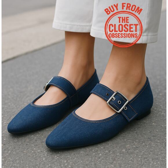 ZARA Denim Mary Jane Flats NWT | Blue Ballet Flats | Size 7.5 - Picture 1 of 16